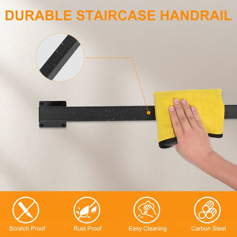 Rock Solid 15 Feet Square Tube Handrail Wall Mount Industrial Staircase Rail For Indoor Outdoor Steps Matte Black Cast Iron Grab Handle With 600 Pound Load Capacity Bulletproof Design For Lofts And Decks being cleaned with a yellow cloth.