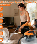 Heavy Duty Handheld Steam Cleaner Delivers 15 Second Rapid Heatup For Crushing Stubborn Grime On Tile Grout Hardwood And Car Seats Featuring 1.6 Liter Water Tank And Complete Tool Set For Straight Up No Sweat Cleaning, being used on a couch.