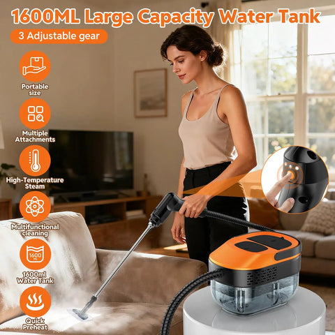 Heavy Duty Handheld Steam Cleaner Delivers 15 Second Rapid Heatup For Crushing Stubborn Grime On Tile Grout Hardwood And Car Seats Featuring 1.6 Liter Water Tank And Complete Tool Set For Straight Up No Sweat Cleaning, being used on a couch.
