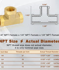 Diagram of 1/4 inch NPT female brass tee fitting with thread size chart, showing Beefy Two Pack One Quarter Inch NPT Female Brass Tee Fittings.