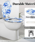 Elongated Blue Peony Floral Chinoiserie Elegant Porcelain Toilet Seat with soft-close hinge and protective bumpers.