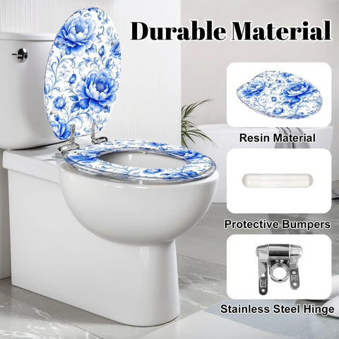 Elongated Blue Peony Floral Chinoiserie Elegant Porcelain Toilet Seat with soft-close hinge and protective bumpers.