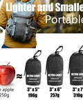 Ultralight Sleeping Bag Liner Travel Sheet Three Size Options compact bags next to apple, illustrating lightweight design.