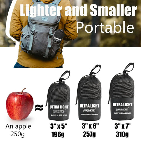 Ultralight Sleeping Bag Liner Travel Sheet Three Size Options compact bags next to apple, illustrating lightweight design.