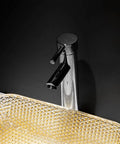 USZWBY Yellow Square Shape Tempered Glass Bathroom Vessel Sink with Waterfall Tap Modern Artistic Vessel Sink with Pop Up Drain, Counter Top Installation, close-up of faucet and sink.
