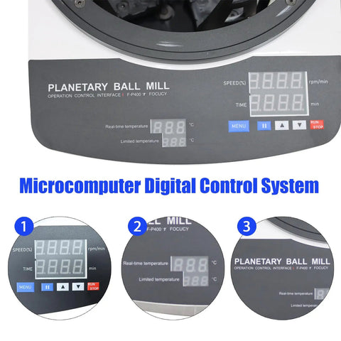 Close-up of microcomputer digital control on Desktop Planetary Ball Mill Grinder 110V 150W High Speed Pro Grade Lab Grinder.