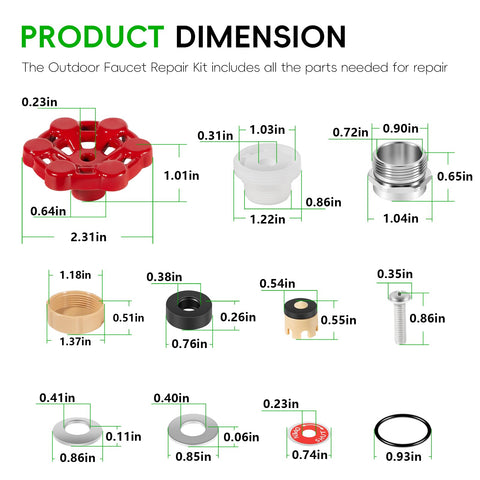 Diagram of 2-Pack Universal Outdoor Faucet Repair Kit With Vacuum Breaker Included For Anti Siphon Frost Free Hose Bib Sillcock Valve Replacement Wall Hydrant Complete Replacement Kit For No Fuss Home Fixes with part dimensions shown.