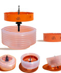 Badass Bimetal Recessed Light Hole Saw Kit 6 1/4 And 4 1/4 Inches shows the hole saws with dust catch bowl and arbor.