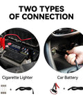 Two connection types for Premium 10 In 1 Electric Scissor Jack with Enhanced Safety and 3 Ton Capacity, using cigarette lighter or car battery.