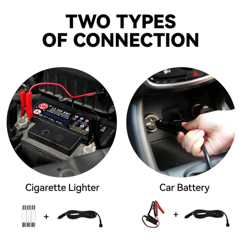 Two connection types for Premium 10 In 1 Electric Scissor Jack with Enhanced Safety and 3 Ton Capacity, using cigarette lighter or car battery.