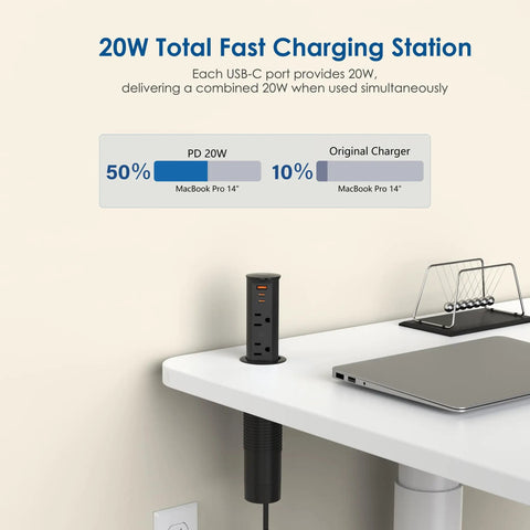 No Sweat Install 2 Inch Pop Up Receptacle For Countertops And Desks showing charging status for MacBook Pro with USB ports.