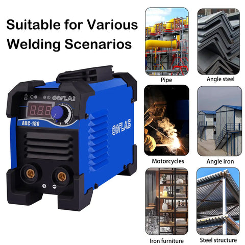 180 Amp Stick Arc Welder Dual Voltage 110 220 Volt Inverter Welder with various welding applications displayed