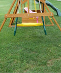 Top Shelf 18 Inch Aluminum Screw Earth Anchor Built Tough For 2500 Pound Loads Reusable Heat Treated Design securing a wooden swing set.