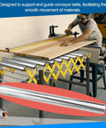 No Fuss Heavy Duty Stainless Steel Conveyor Rollers, 2.4 by 13.8 inches, facilitating smooth material movement in a workshop.