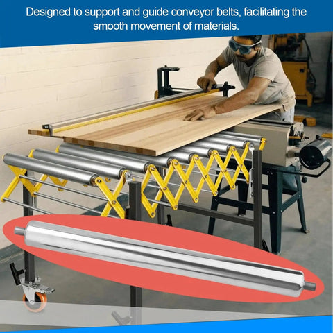 No Fuss Heavy Duty Stainless Steel Conveyor Rollers, 2.4 by 13.8 inches, facilitating smooth material movement in a workshop.