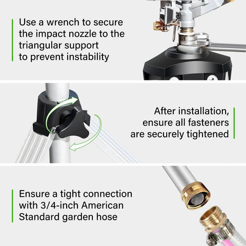 Heavy Duty Tripod Sprinkler With Brass Nozzle For Yard Coverage installation steps and hose connection details