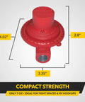 Front view of red Fairview GR-630B RV propane regulator with 1/4 FPT inlet/outlet, 30 PSI, 4.02 x 3.35 x 2.8 in