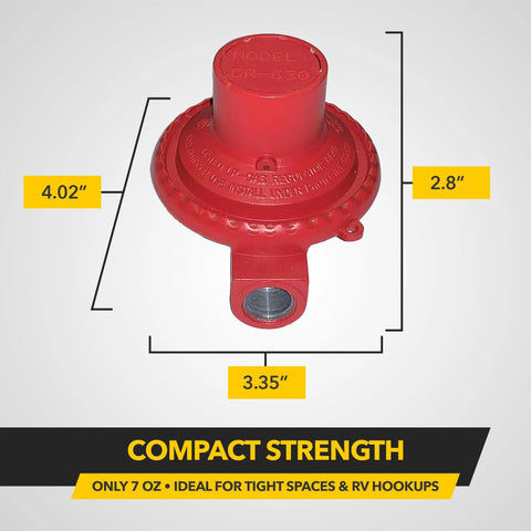 Front view of red Fairview GR-630B RV propane regulator with 1/4 FPT inlet/outlet, 30 PSI, 4.02 x 3.35 x 2.8 in