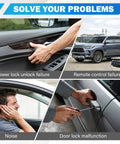Car door lock problems illustration including power unlock failure, remote control issues, noise, and lock malfunction.