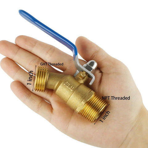 Brass Hose Bib Outdoor Faucet With Three Quarters Inch NPT Inlet And Three Quarters Inch GHT Outlet, Heavy Duty Water Spigot With Long Handle For Easy On Off And Durable Yard Watering, 1 inch brass threaded valve