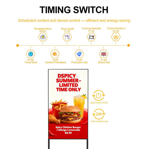 55 Inch 4K Indoor Floor Stand Digital Signage With 1000 Nits Brightness And No Fuss Rolling Base For Quick Retail Setup Android Smart Advertising Display With Wifi Plug Play Flexibility showcasing timing switch schedule and promotional graphics.
