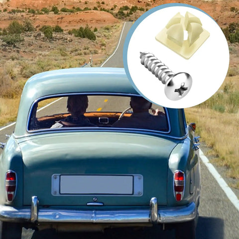 Rear view of vintage car with Set Of 20 License Plate Mounting Kit With Stainless Screws And Galvanized Nylon Bases inset.