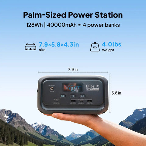 Elite 10 Mini Portable Power Station 128Wh LiFePO4 Battery with 200W AC Outlet and USB-C held in hand against mountain view