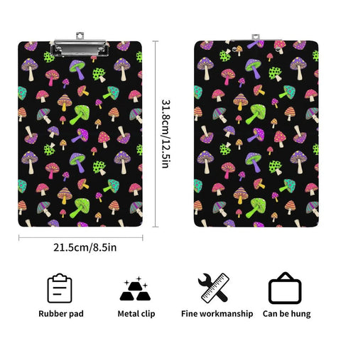 Trippy Mushrooms Print Acrylic Clipboard For A4 And US Letter - Durable Clear Desk Clipboard For Notes, Sketches, And Everyday Office Tasks For Students, Professionals, And Creative Projects At Home Or Office. Black mushroom print acrylic clipboard, 21.5 x 31.8 cm, metal clip