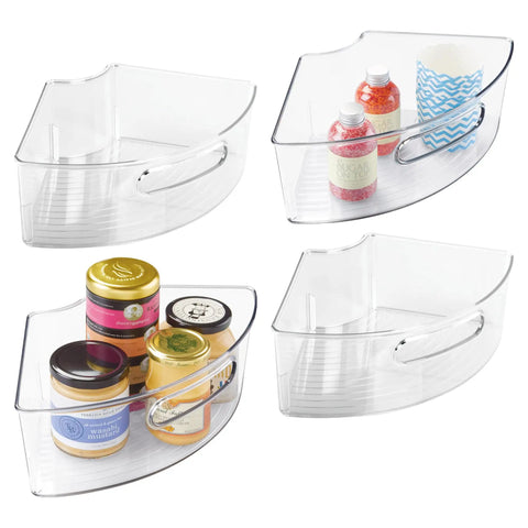 Clear Plastic Lazy Susan Cabinet Storage Bins Set Of 4 Quarter Wedge Containers for Kitchen Pantry Organization with Bottles