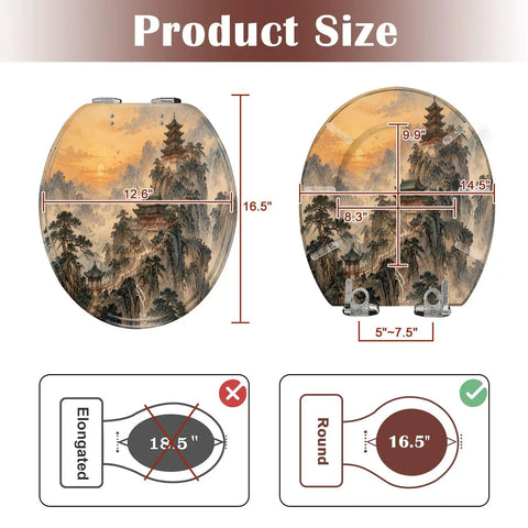 Round Mountain Temple Chinoiserie Sunrise Misty Chinese Ink Toilet Seat size dimensions, showing round shape and measurements.