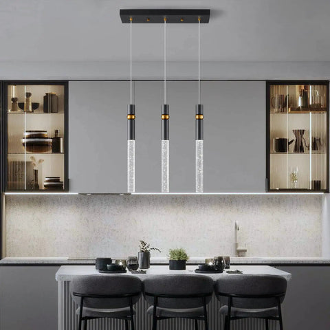 Three Light Dimmable LED Pendant Light Fixture In Modern Black With Bubble Crystal Orbs For Kitchen Island And Dining Area