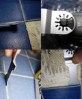 Diamond Grout Blades For Oscillating Tools, 4-Piece Set, removing grout on narrow lines with semi-circle tomahawk blade.