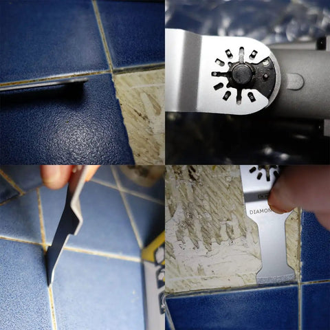 Diamond Grout Blades For Oscillating Tools, 4-Piece Set, removing grout on narrow lines with semi-circle tomahawk blade.