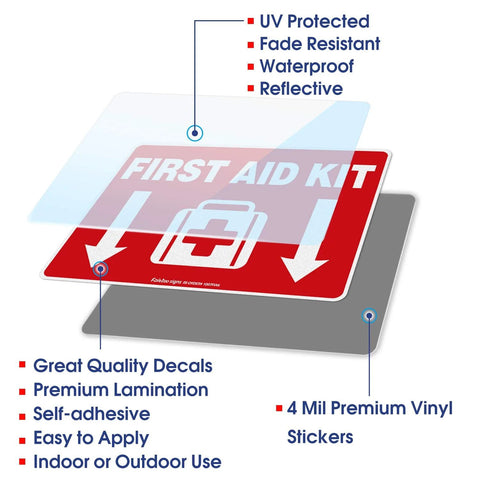 First Aid Kit Sticker Decal, 10 x 7 in, reflective UV-protected waterproof vinyl, 2-pack, self-adhesive