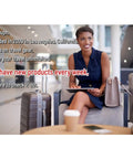 Woman in airport lounge with luggage and tote bag, text promoting new travel gear products from Srdmuph