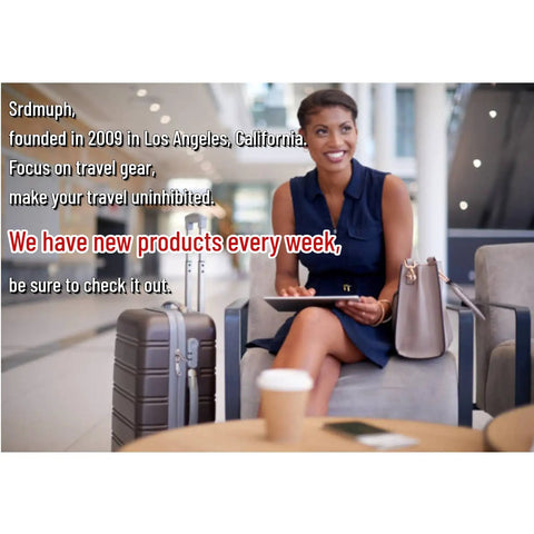 Woman in airport lounge with luggage and tote bag, text promoting new travel gear products from Srdmuph