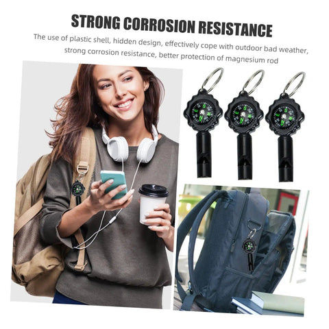 Three Pack Survival Whistles Keychain With Directional Indicator For Outdoor Emergency Use attached to backpack.