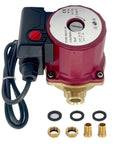Top Tier 115V 1 25Hp Circulator Pump With One Half Inch Sweat Connections, showing red body, electrical connection, and brass fittings.