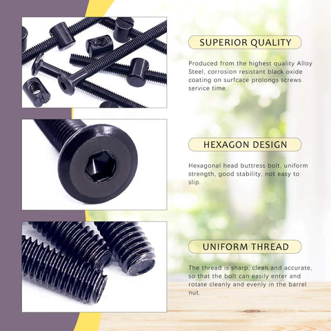 Solid M6x80mm Crib Hardware Kit Packed With Corrosion Resistant Barrel Nuts And Hex Socket Head Bolts Tough As Nails Fasteners showing black coated steel hex bolts and barrel nuts.