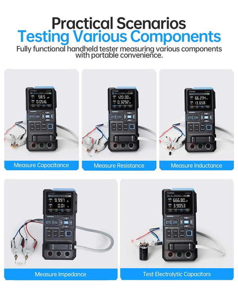 Pro Grade LCR Meter 100kHz With 19999 Counts Auto Component Detect Capacitance Resistance Inductance Testing ESR Q D Theta X Readouts 2.8 Inch Color TFT Dual Parameter Display Sorting Open Short Calibration in use.