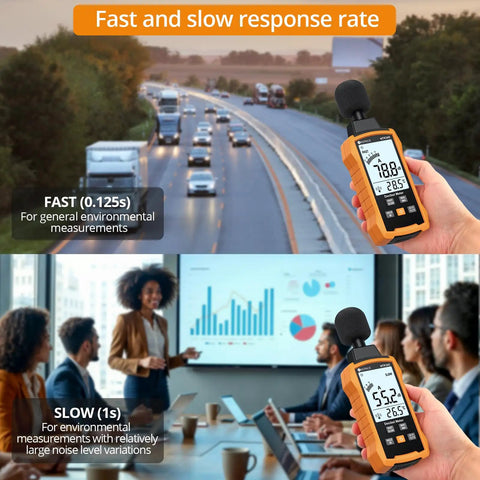 Compact Decibel Meter With A And C Weighting For Real World Noise Readings, 30 To 130 dB Digital Sound Level Meter For Environmental, Industrial, And Studio Use, shown measuring traffic and meeting noise