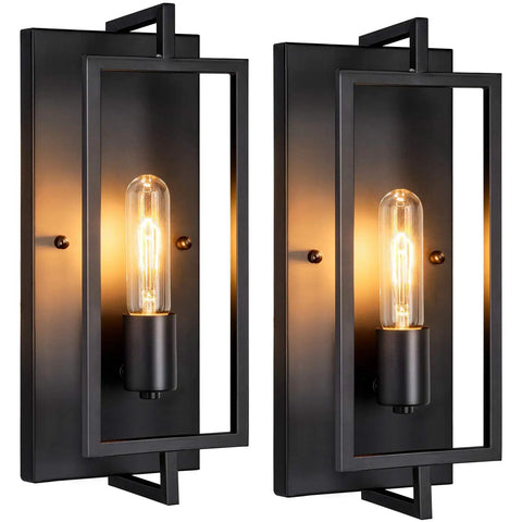 Industrial Wall Sconces Set of 2 in Matte Black Metal, Vintage Modern Style, E26 Base, with Geometric Shade for Indoor Lighting