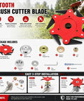 Heavy-Duty 6-Tooth Brush Cutter Blade For Yard Machines And Lawn Tractors Made From Durable Heat Treated 65Mn Steel showing installation kit.
