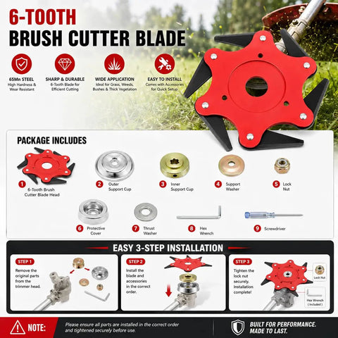 Heavy-Duty 6-Tooth Brush Cutter Blade For Yard Machines And Lawn Tractors Made From Durable Heat Treated 65Mn Steel showing installation kit.