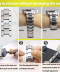 Watch Link Removal Kit With Hammer And Spring Bar Tool For Quick Band Sizing And Strap Adjustment in use on metal watch band.