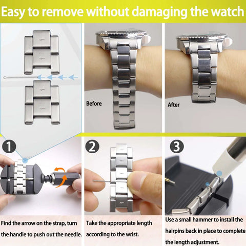 Watch Link Removal Kit With Hammer And Spring Bar Tool For Quick Band Sizing And Strap Adjustment in use on metal watch band.