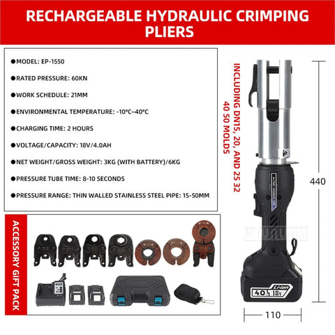 Heavy Duty Electric Hydraulic Crimper For Water Pipes Cordless Stainless Steel Ring Press Tool With 15-50mm Mold Set and accessories.