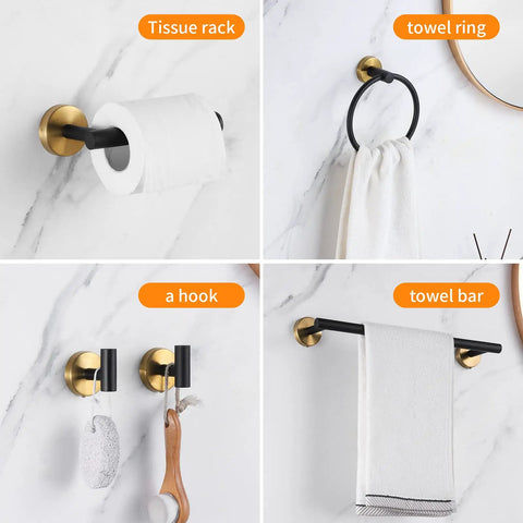 Get Your Hands On This Black And Gold Bathroom Hardware Set That Comes With Two Sixteen Inch Towel Bars Two Toilet Paper Holders
