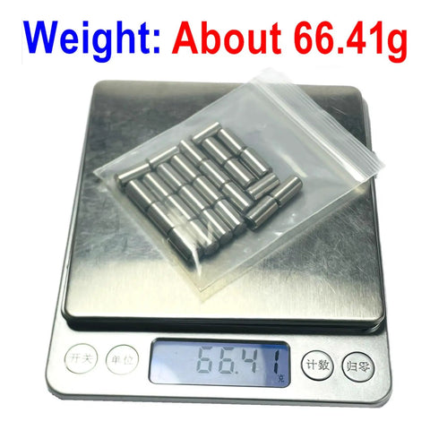 Top Grade 25 Pack Of 6Mm X 12Mm 304 Stainless Steel Dowel Pins displayed on a scale weighing about 66.41g.