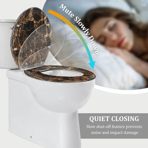 Replacement Round Toilet Seat with Quiet Close for Bathroom features a marble design with slow-closing functionality.